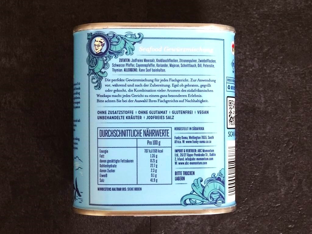 Die Zutatenliste auf der großen Dose vom Funky Ouma Seafood Spice