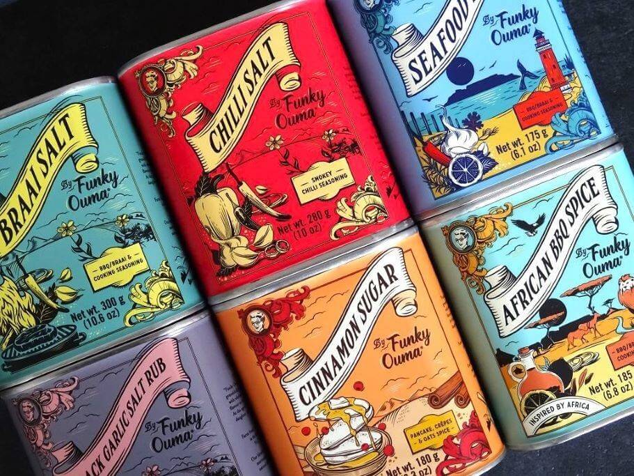 Die 6 großen Dosen Gewürzsalzmischungen und Cinnamon Sugar von Funky Ouma mit wunderschönen Motiven