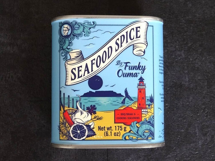 Die leckere Gewürzsalzmischung Seafood Spice von Funky Ouma aus Südafrika in der schönen großen Dose als Hingucker im Regal